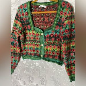 Zara knit cardigan jacquard jacket knit cropped size M NWOT New with tags.